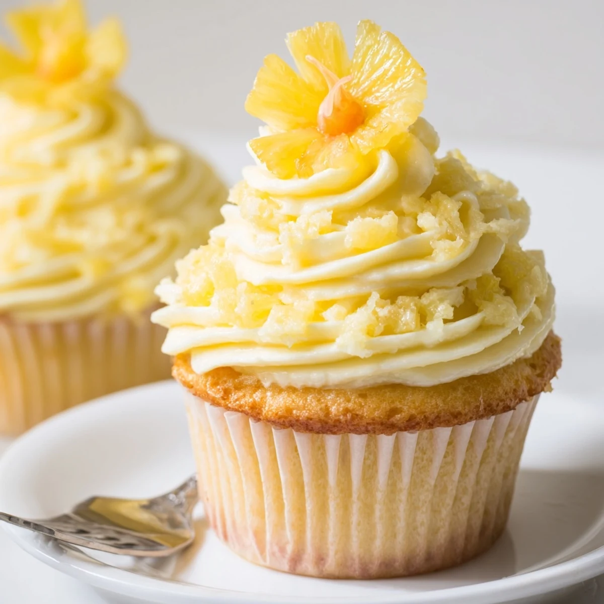 Dole Whip Cupcakes Recipe displayed with fluffy pineapple frosting and dried flowers.