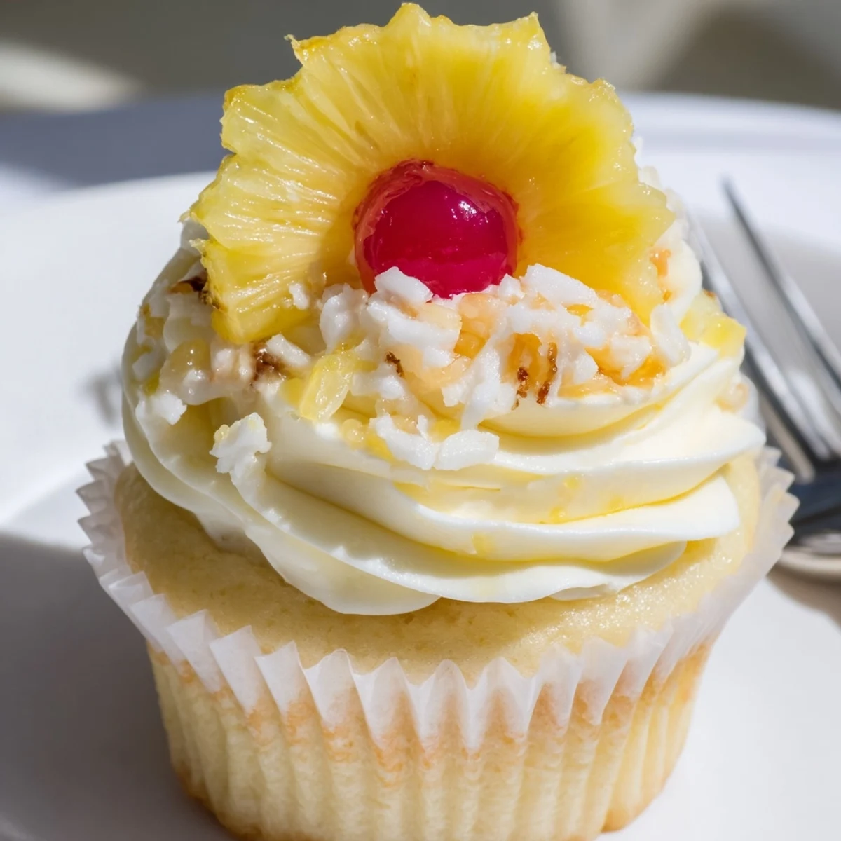 Serve chilled Dole Whip Cupcakes Recipe on a plate with cocktail umbrella.