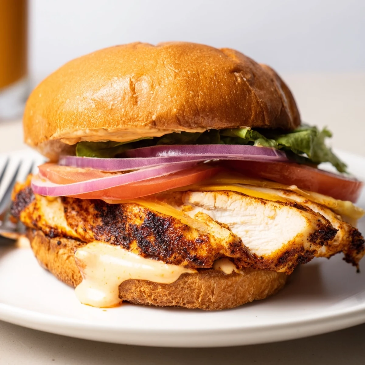 Spicy Chicken Sandwich With Creamy Sauce on toasted bun, juicy chicken visible