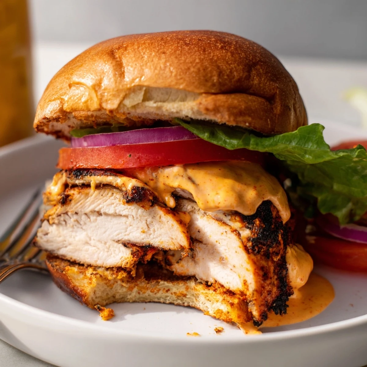 Handheld Spicy Chicken Sandwich With Creamy Sauce, tangy sauce oozing, served with fries