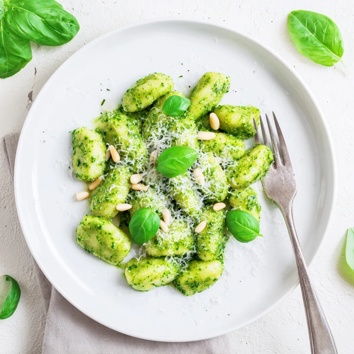 Soft potato gnocchi coated in vibrant green homemade basil pesto sauce