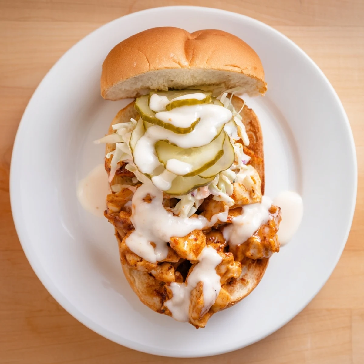 Alabama BBQ Chicken Chopped Sandwich with grilled chicken tossed in creamy white sauce and crisp coleslaw on a toasted bun