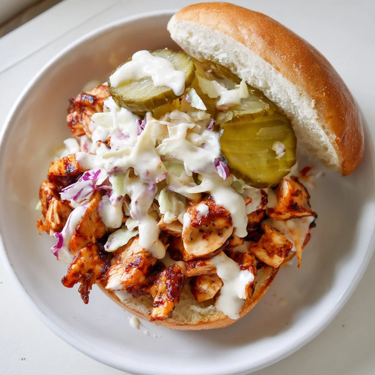 Golden grilled chicken in Alabama white BBQ sauce overflowing from a soft bun on this Alabama BBQ Chicken Chopped Sandwich
