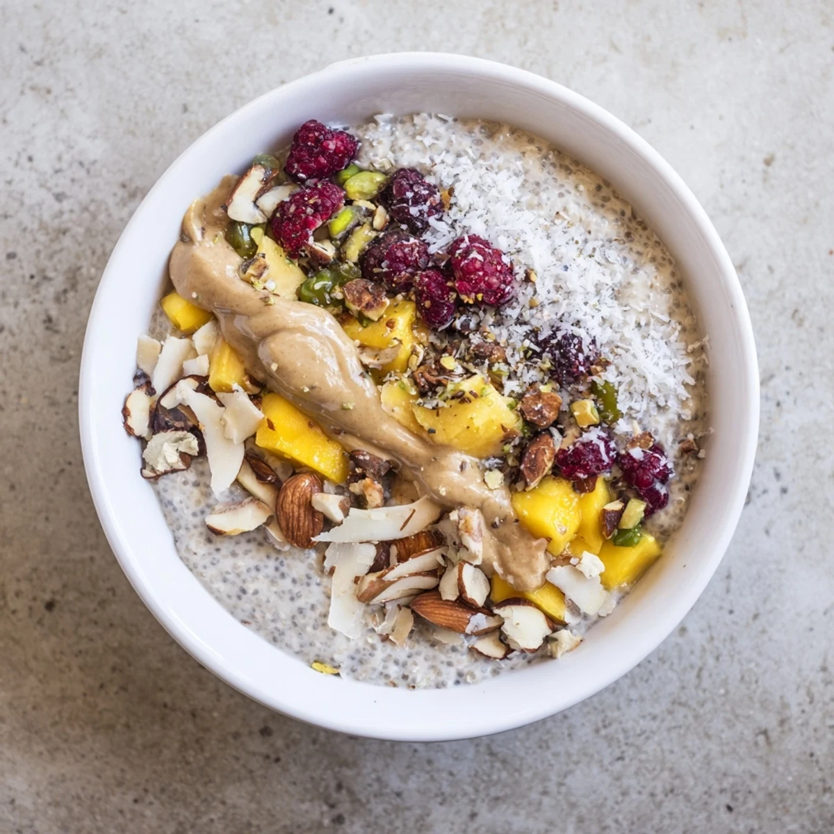 Overnight chia pudding recipes layered with mango and crunchy nuts for a wholesome breakfast bowl