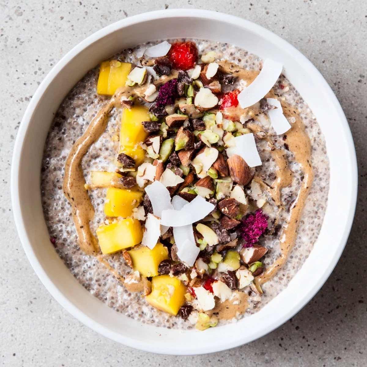 Vegan chia pudding recipes swirled with dark chocolate shavings and almond butter for healthy dessert