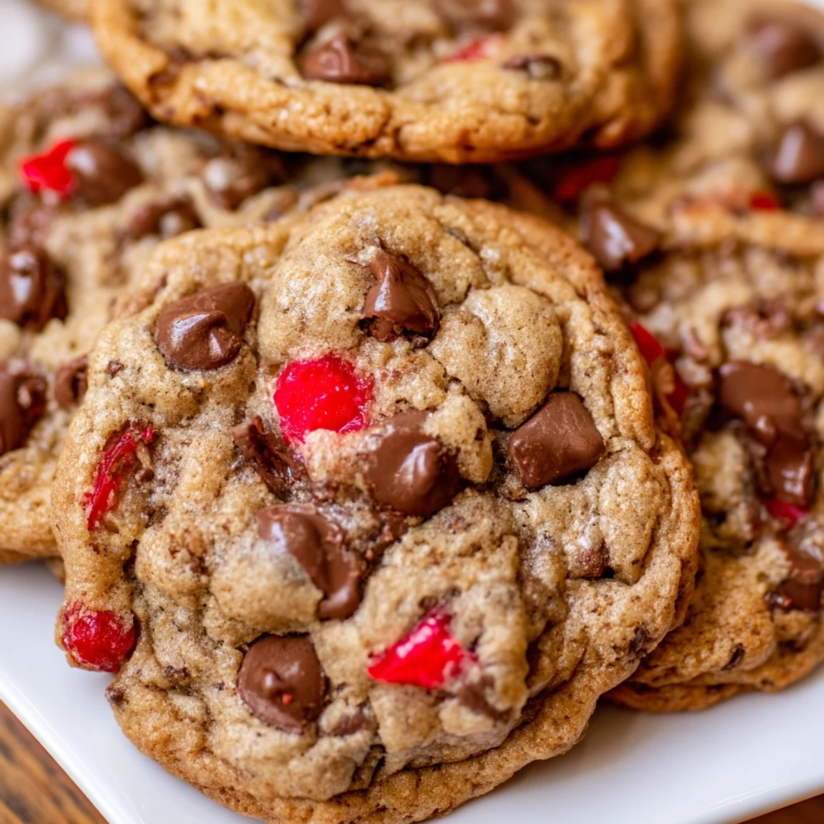 Golden brown maraschino cherry chocolate chip cookies stacked on a wire rack, edged with slightly crisp crusts