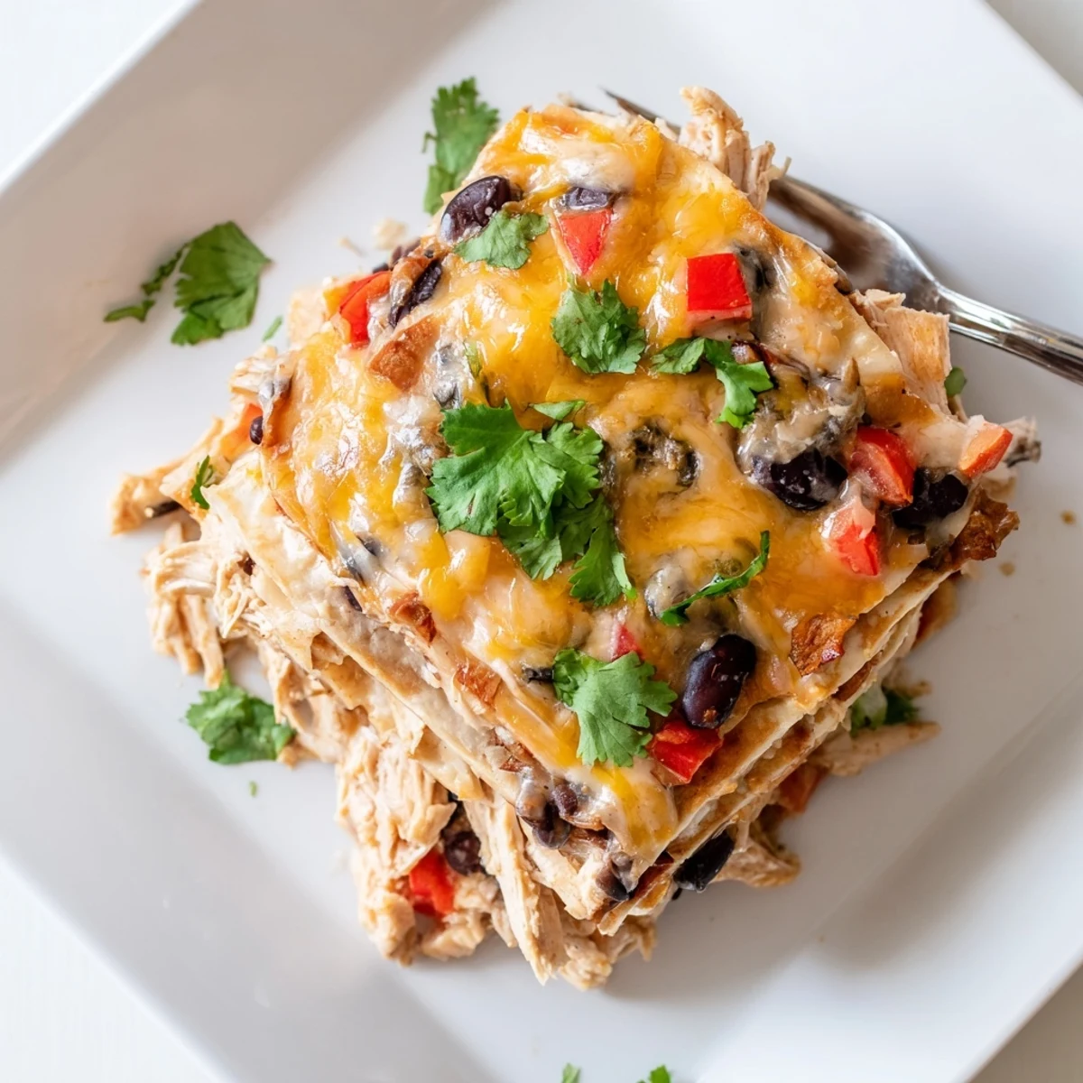 Layered chicken taco lasagna casserole with tortillas and beans topped with cilantro