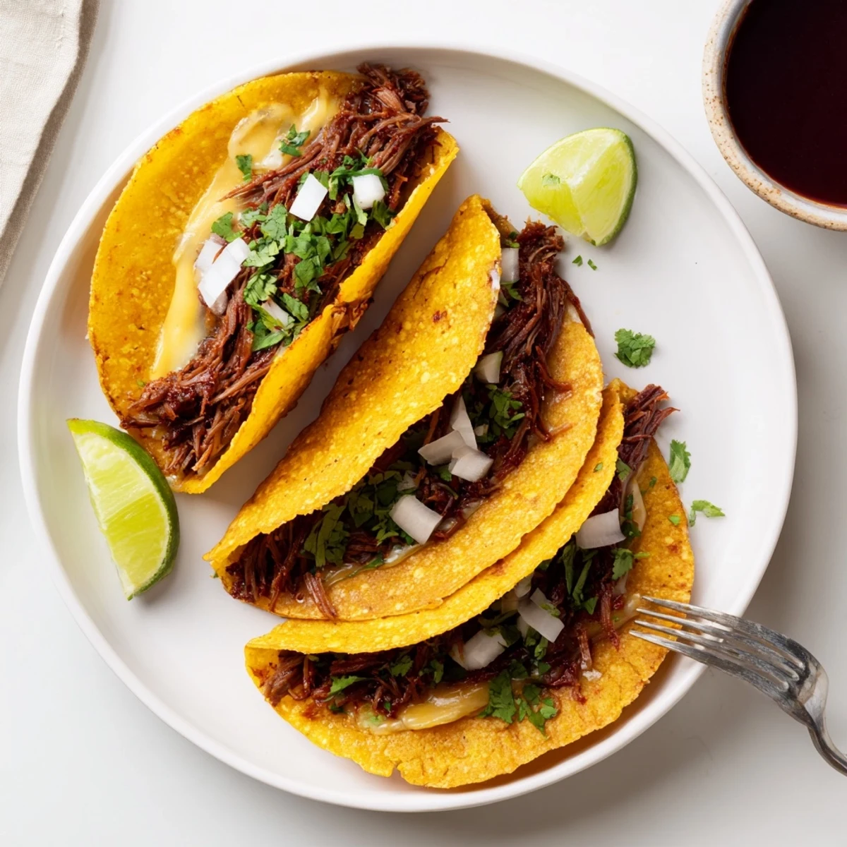 Crispy Birria Tacos filled with tender shredded beef and melted Oaxaca cheese