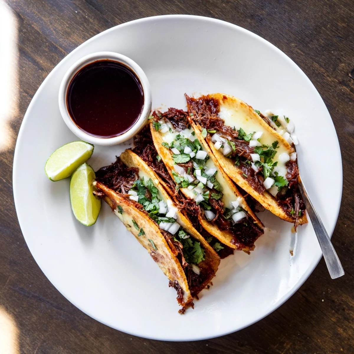 Golden Birria Tacos drizzled with savory consommé, garnished with fresh cilantro and onion