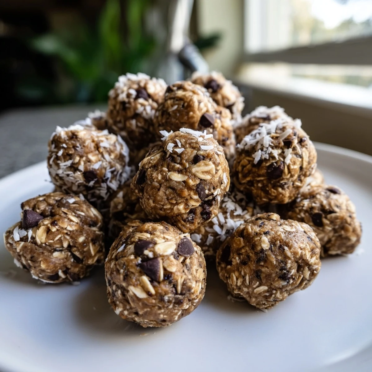Bite-sized peanut butter energy balls topped with mini chocolate chips ready for healthy snacking