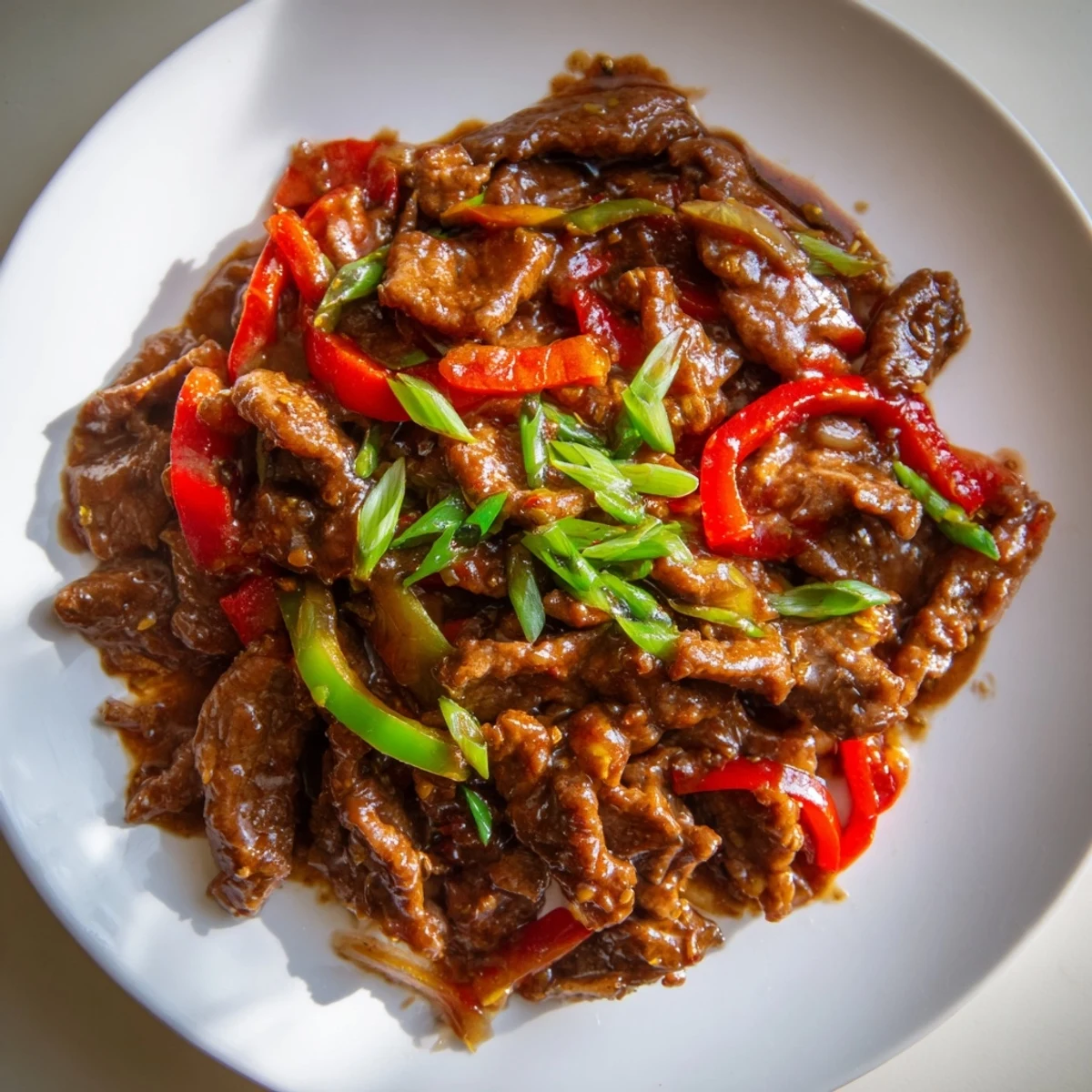 Golden spicy beef stir fry with chili garlic sauce over steaming white jasmine rice