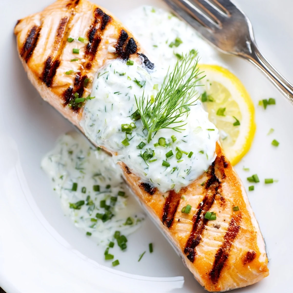 Golden grilled salmon fillets with char marks topped with creamy cucumber dill sauce and fresh herbs