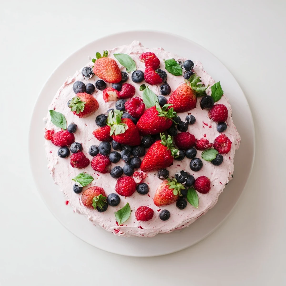 Layered basil berry cake finished with smooth buttercream frosting and garnished with vibrant strawberries and basil sprigs