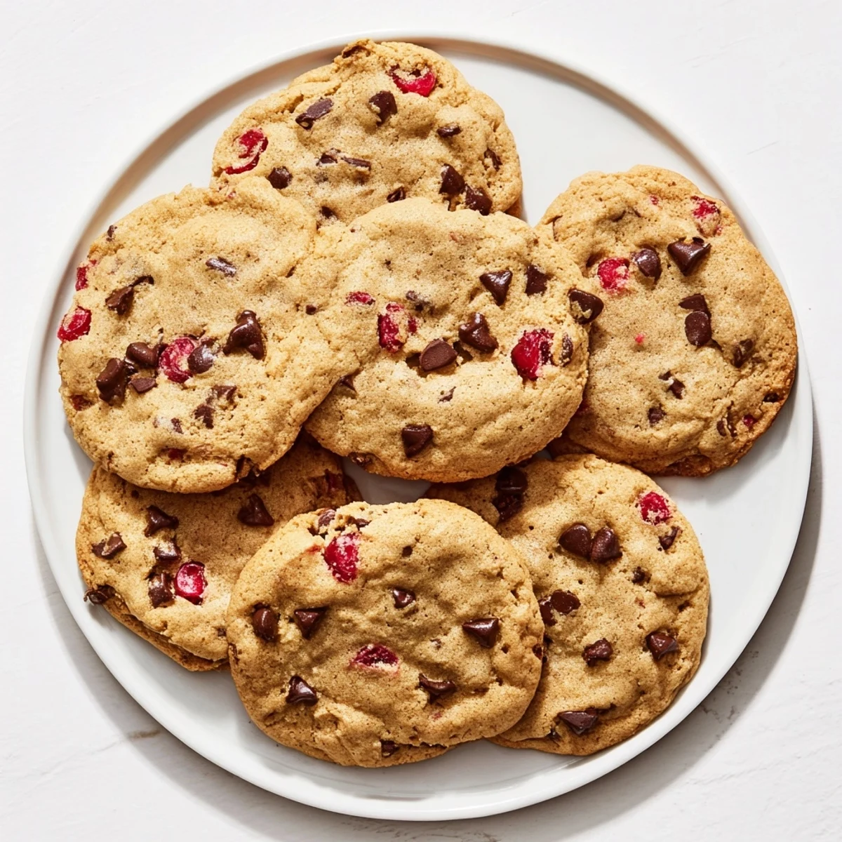 Freshly baked maraschino cherry chocolate chip cookies with red cherry pieces and melted chocolate chips on a wooden board