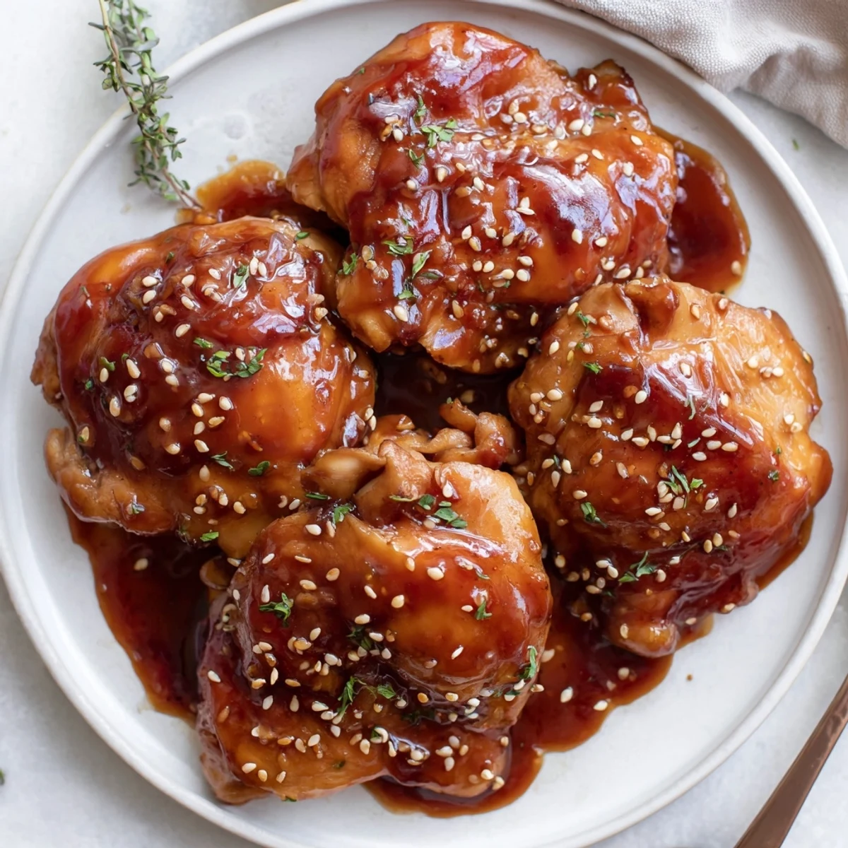 Comforting Crockpot Honey Garlic Chicken topped with parsley and sesame, juicy and aromatic.