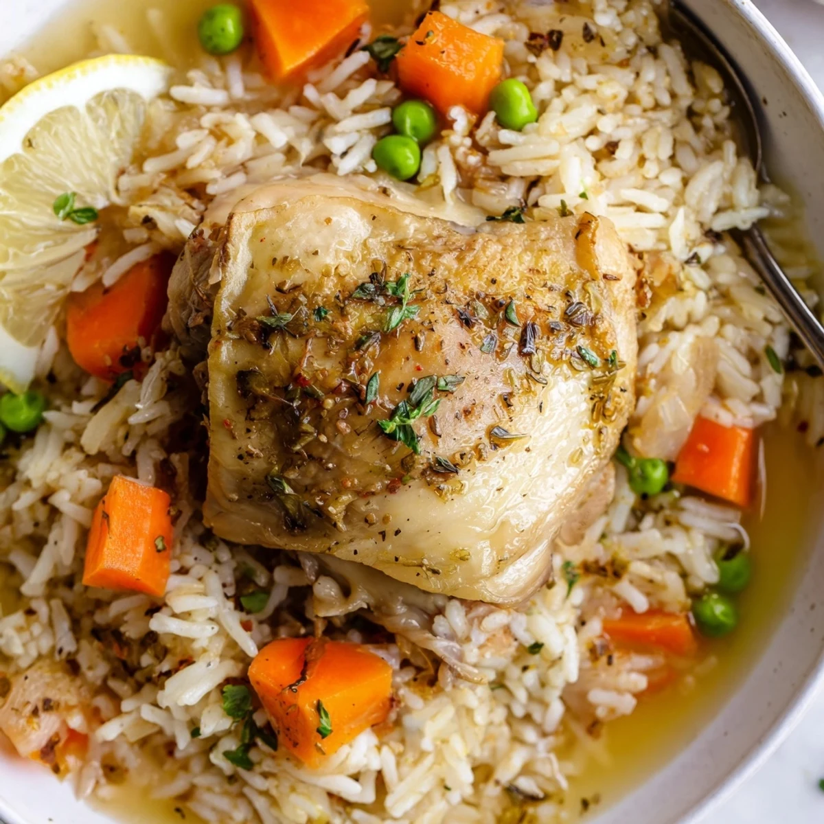 Tender thighs and fluffy grains make Slow Cooker Lemon Herb Chicken And Rice comforting