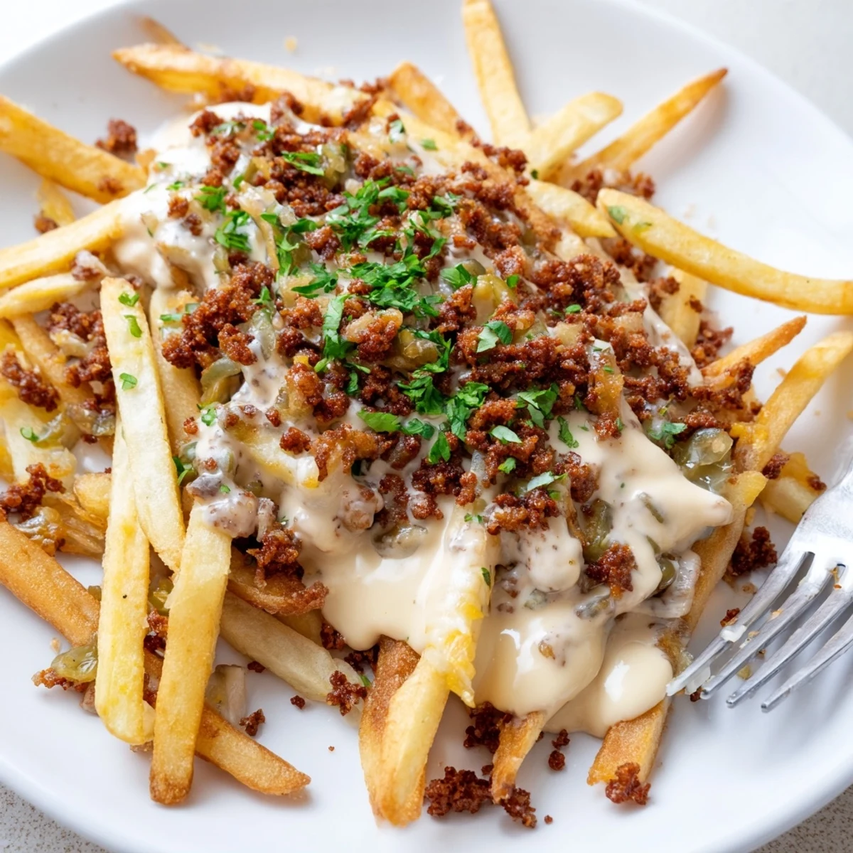 Close up shows gooey Chorizo Queso Dip Fries with browned chorizo and cheddar