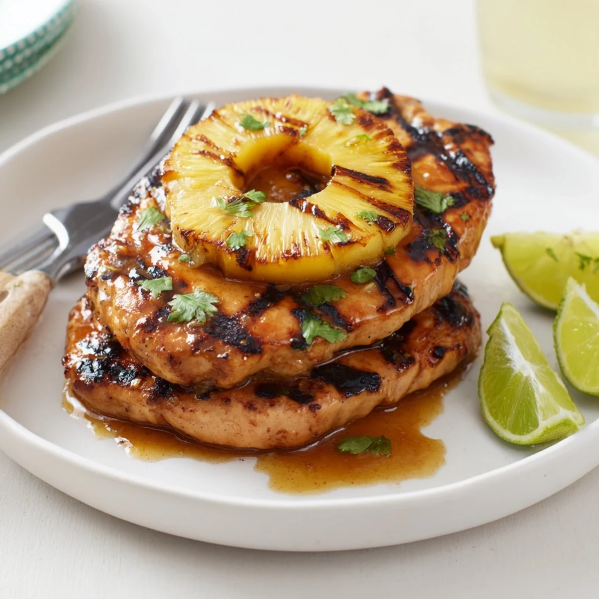 Grilled Aloha Chicken Recipe plated with charred pineapple, cilantro, and lime wedges