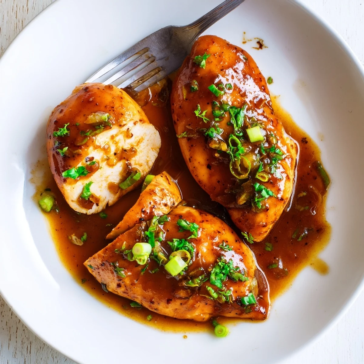 Slow Cooker Brown Sugar Garlic Chicken, glossy caramelized sauce spooned over breasts