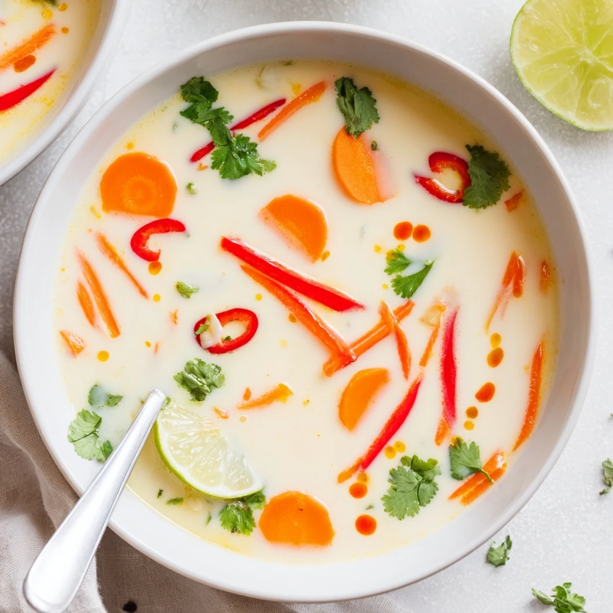 Ginger Lemongrass Coconut Soup steaming in bowl, fragrant lime and cilantro garnish