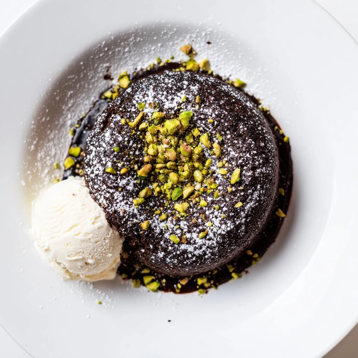Individual ramekins of gooey pistachio chocolate dessert served with vanilla ice cream