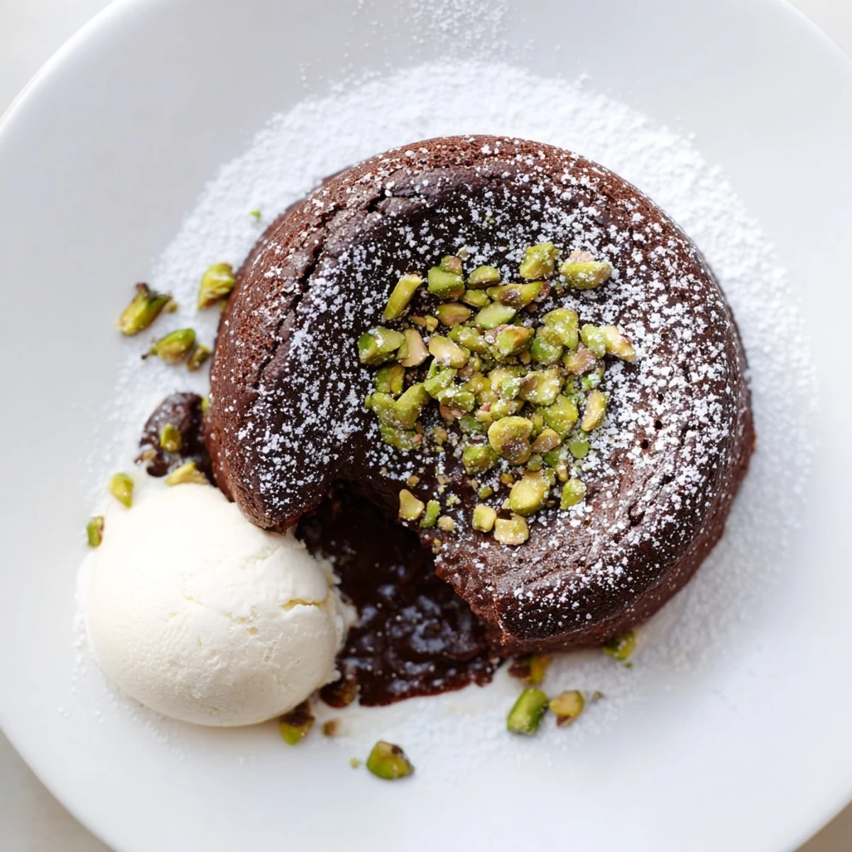 Decadent chocolate cakes topped with chopped pistachios and powdered sugar dusting