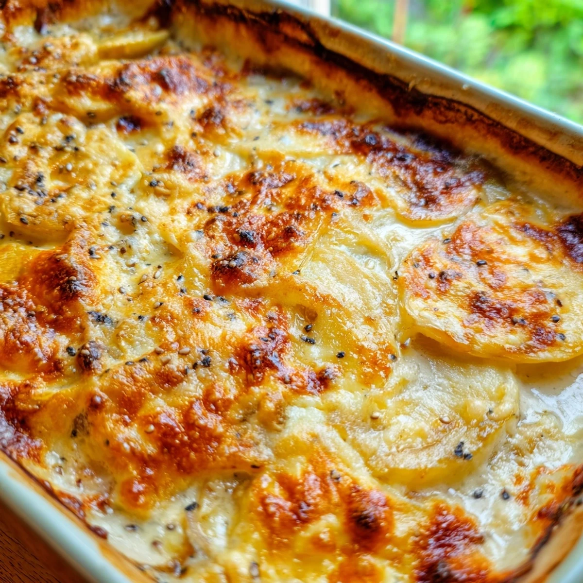 Golden brown Nigella potato gratin bubbling with melted Gruyère cheese and creamy layers