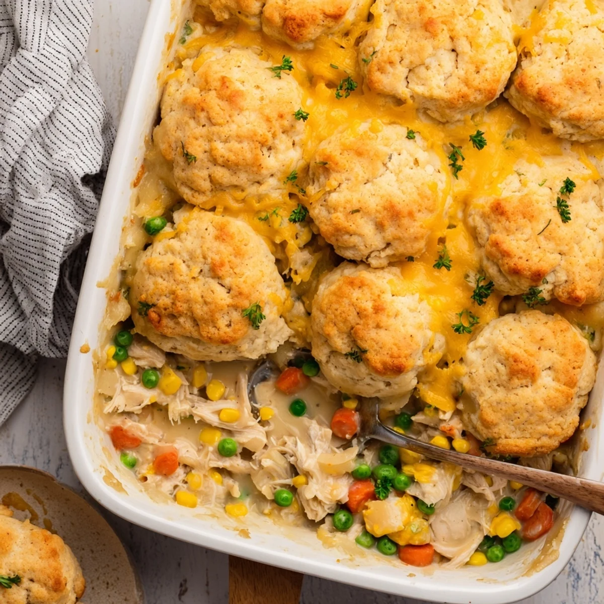 Golden Cheddar Bay Chicken Cobbler with fluffy cheesy biscuit topping bubbling over creamy chicken filling