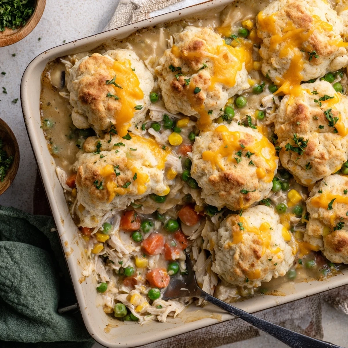 Homemade Cheddar Bay Chicken Cobbler baked until golden with brushed butter and fresh parsley garnish