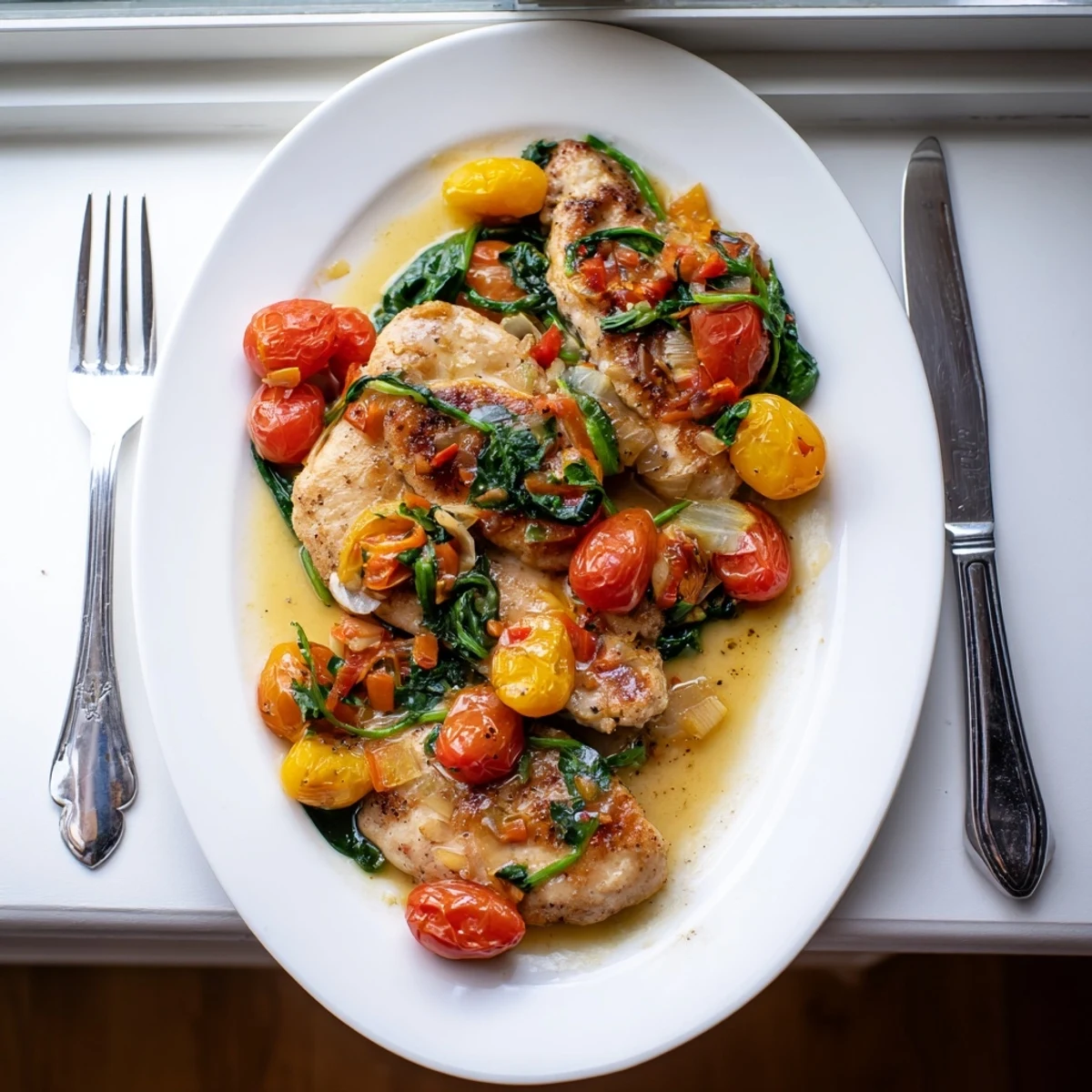 Golden brown chicken breasts nestled in a creamy white wine sauce with wilted spinach and burst cherry tomatoes