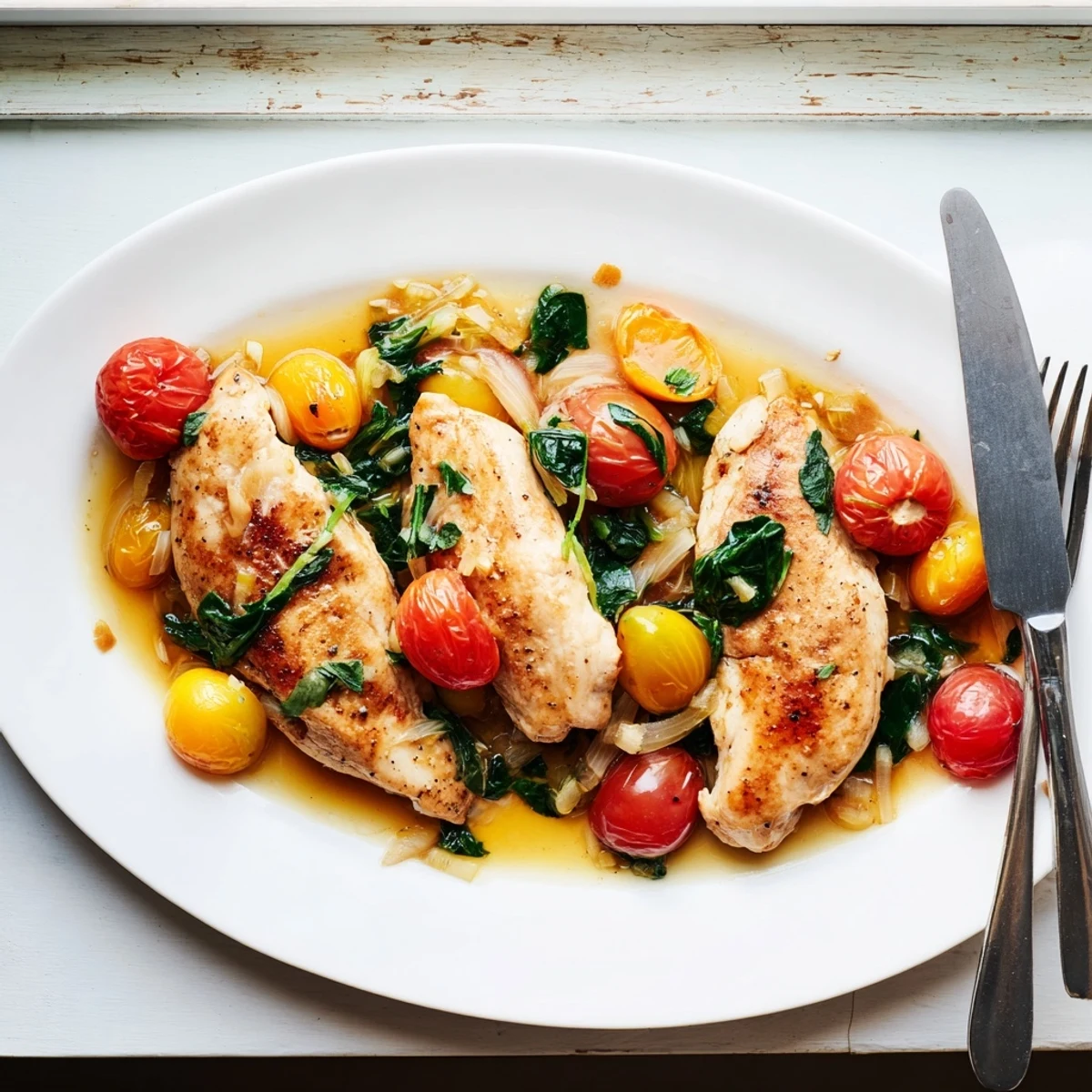 Mediterranean-style tomato spinach white wine chicken simmering in a rich garlic butter sauce with tender vegetables