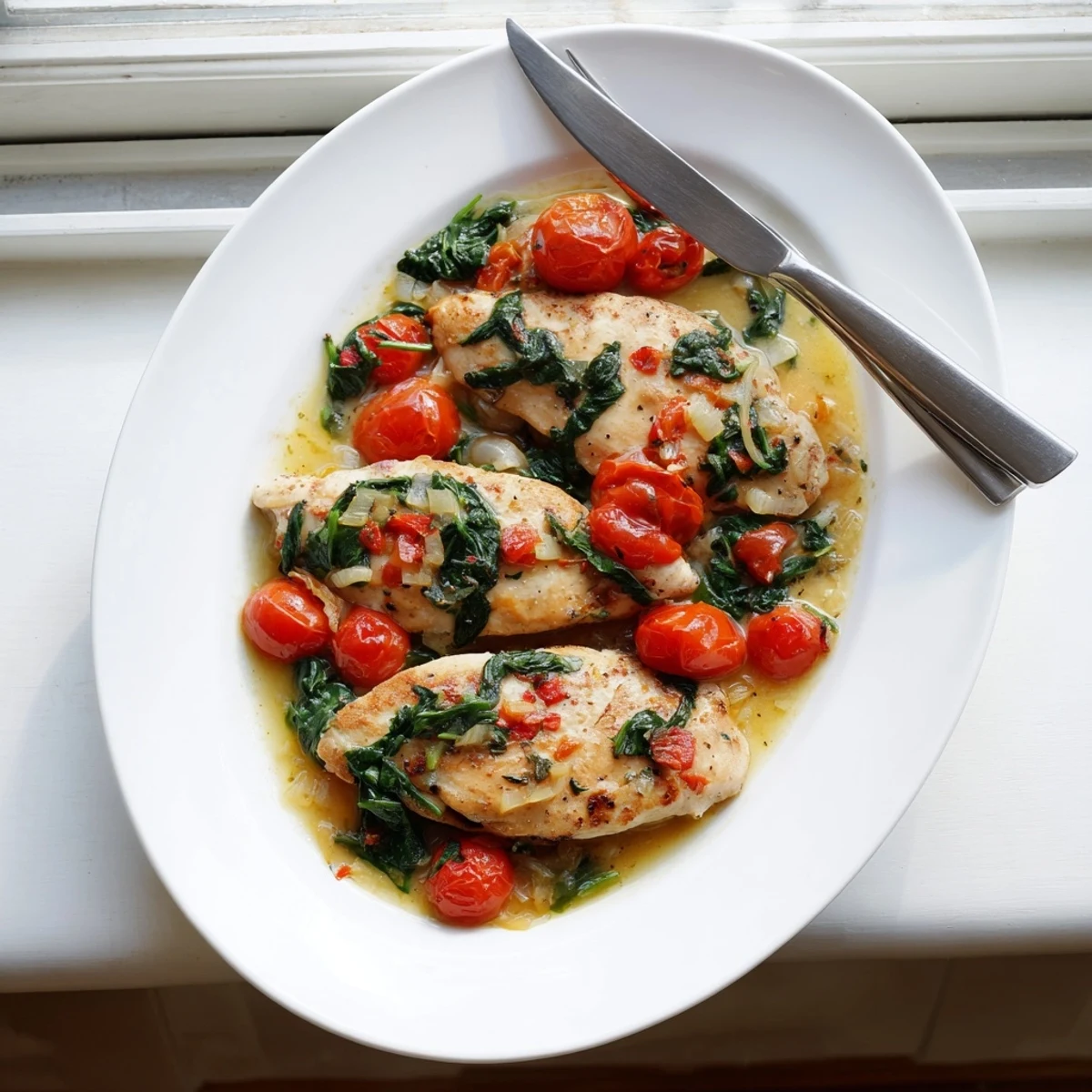 Juicy pan-seared chicken topped with a vibrant white wine reduction featuring fresh spinach and sweet cherry tomatoes