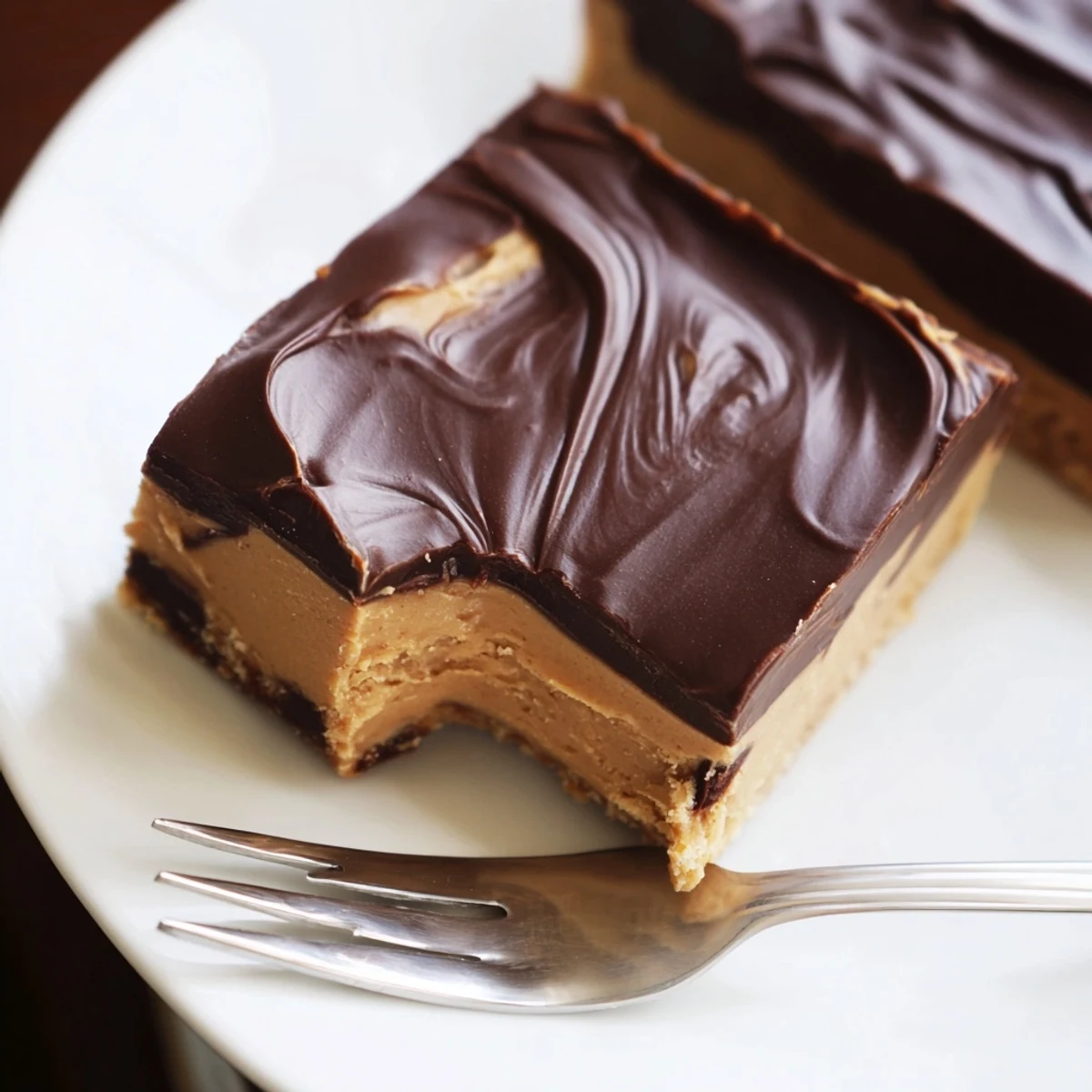 Chewy peanut butter bars with melted chocolate ganache topping cut into perfect dessert squares