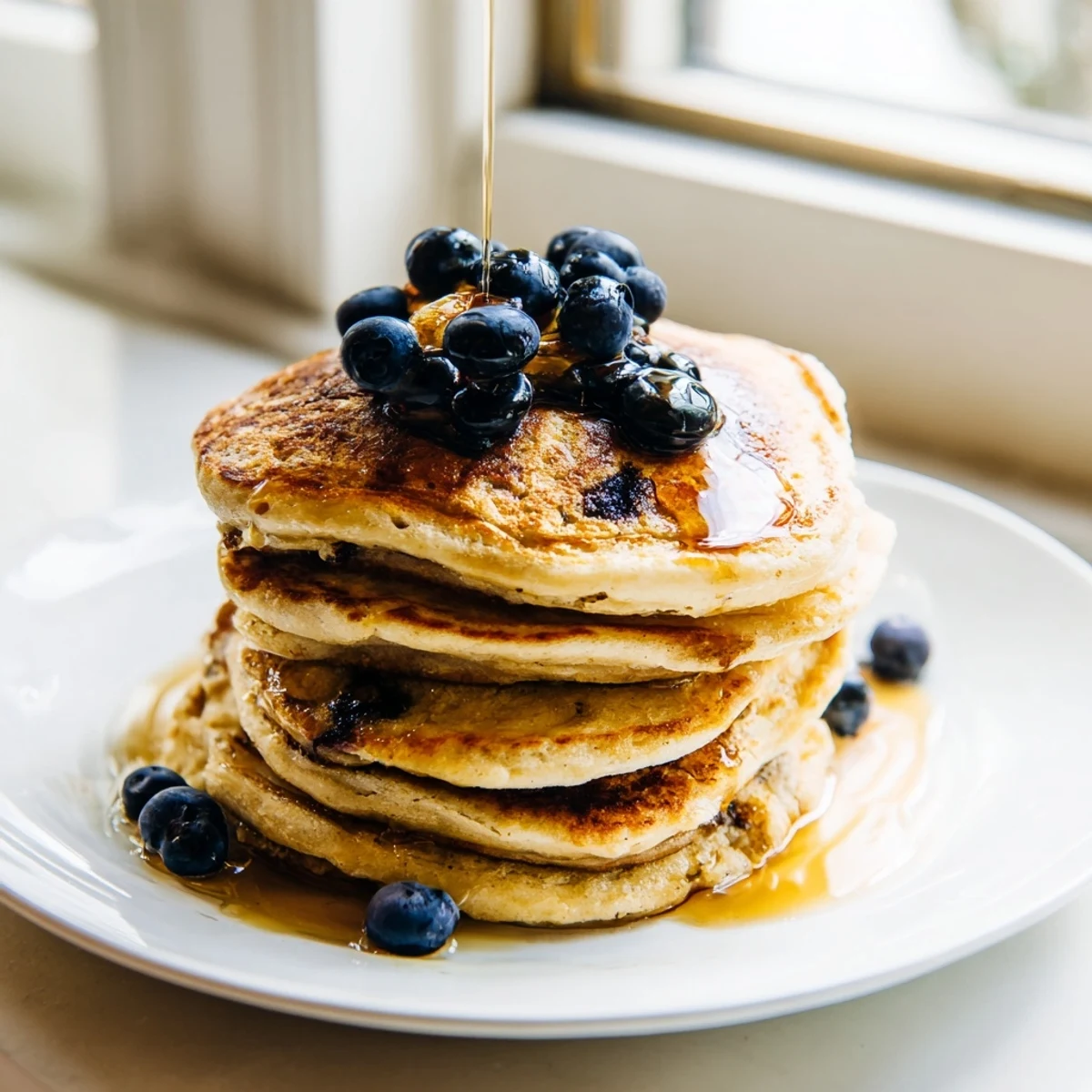Golden stack of fluffy protein banana pancakes topped with fresh banana slices and pure maple syrup