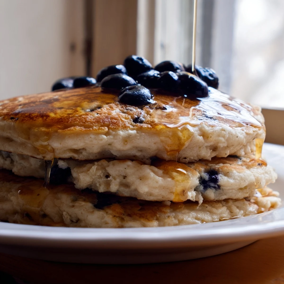 Fluffy protein banana pancakes served on a white plate with a drizzle of warm maple syrup