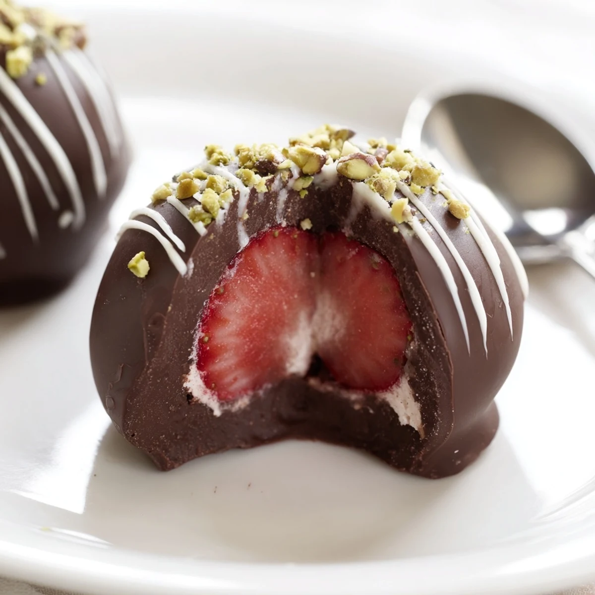 Chocolate coated Strawberry Bombs chilled on parchment, glossy shells and creamy centers