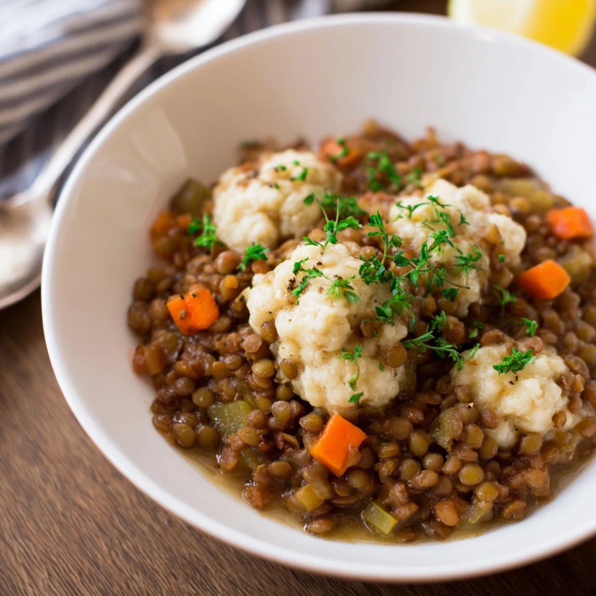 Hearty Lentils With Dumplings topped with fresh parsley, spoon ready and aromatic