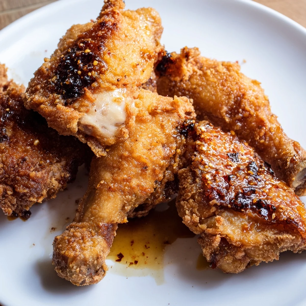 Glistening sticky glaze coats Spicy Honey Butter Fried Chicken beside tangy pickles