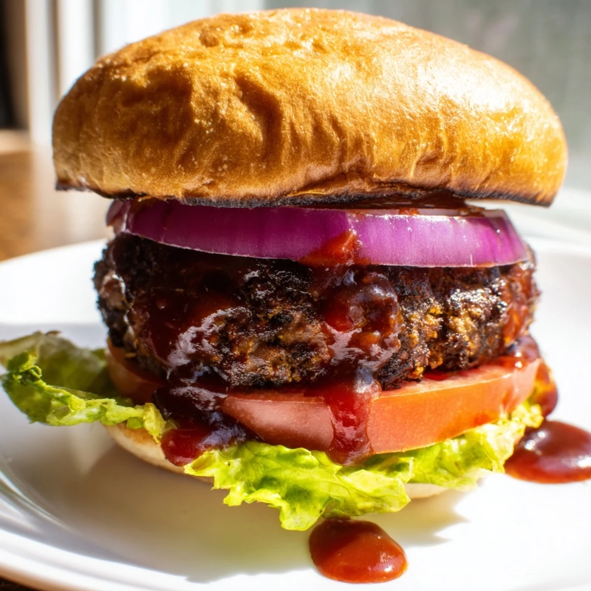 Coffee rub burgers topped with smoky BBQ sauce lettuce and tomato