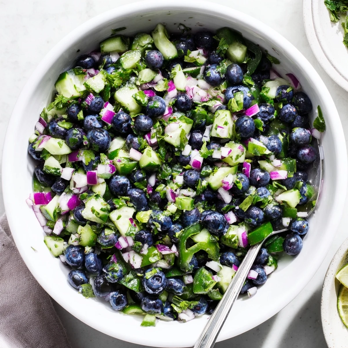 Bright blueberry cucumber salsa garnished with jalapeño and cilantro in a white serving dish