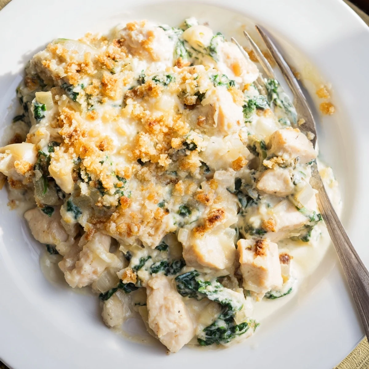 Golden bubbling Creamy Chicken Spinach Casserole fresh from the oven with melted cheese