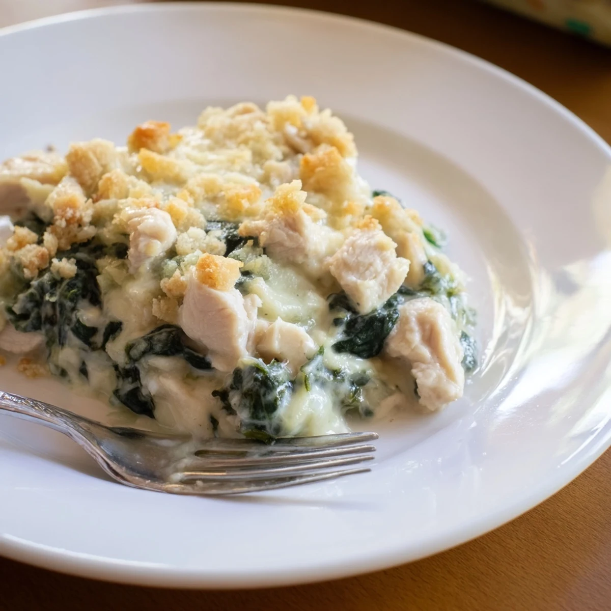 Creamy Chicken Spinach Casserole spooned onto a plate with tender chicken and wilted spinach
