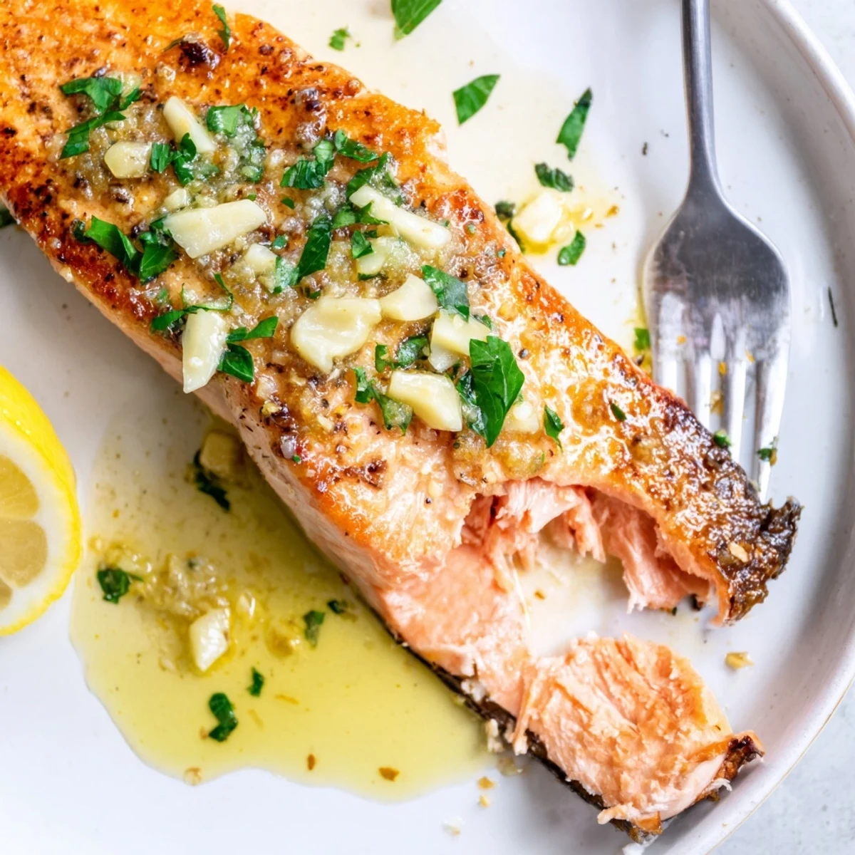 Golden garlic butter salmon fillets glistening in a rich, lemony skillet sauce