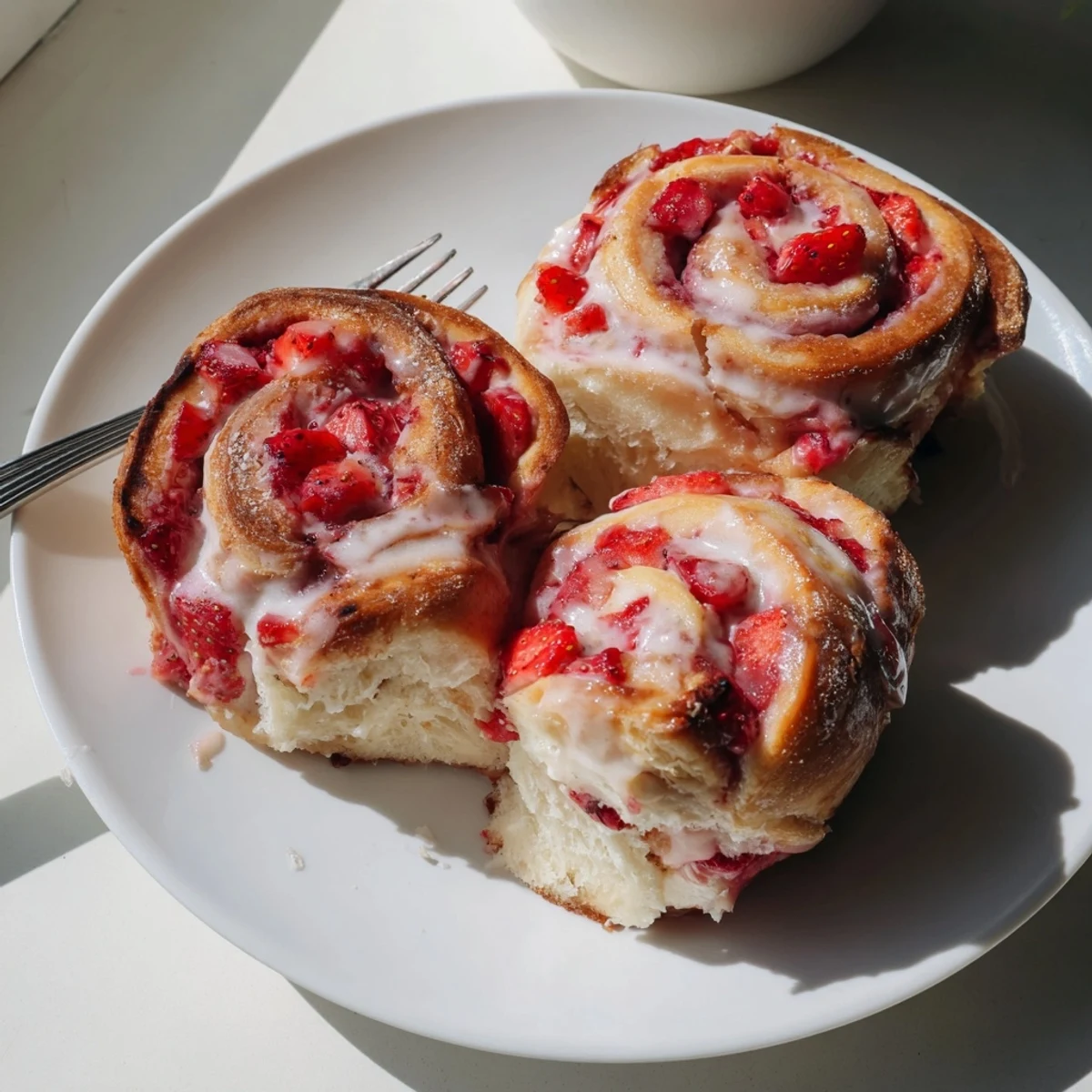 Golden strawberry cheesecake rolls drizzled with sweet vanilla glaze on a plate