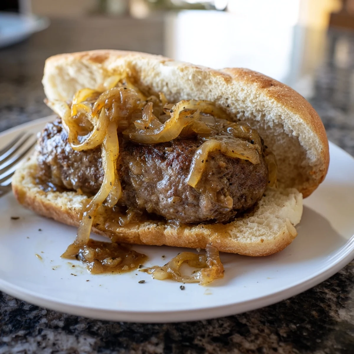Juicy smothered hamburger steak sandwiches dripping with rich brown onion gravy on toasted hoagie rolls