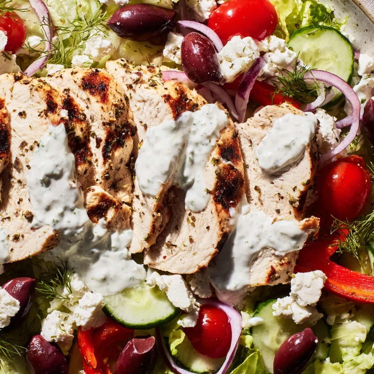 Juicy grilled Greek chicken salad drizzled with creamy whipped feta dressing on rustic platter