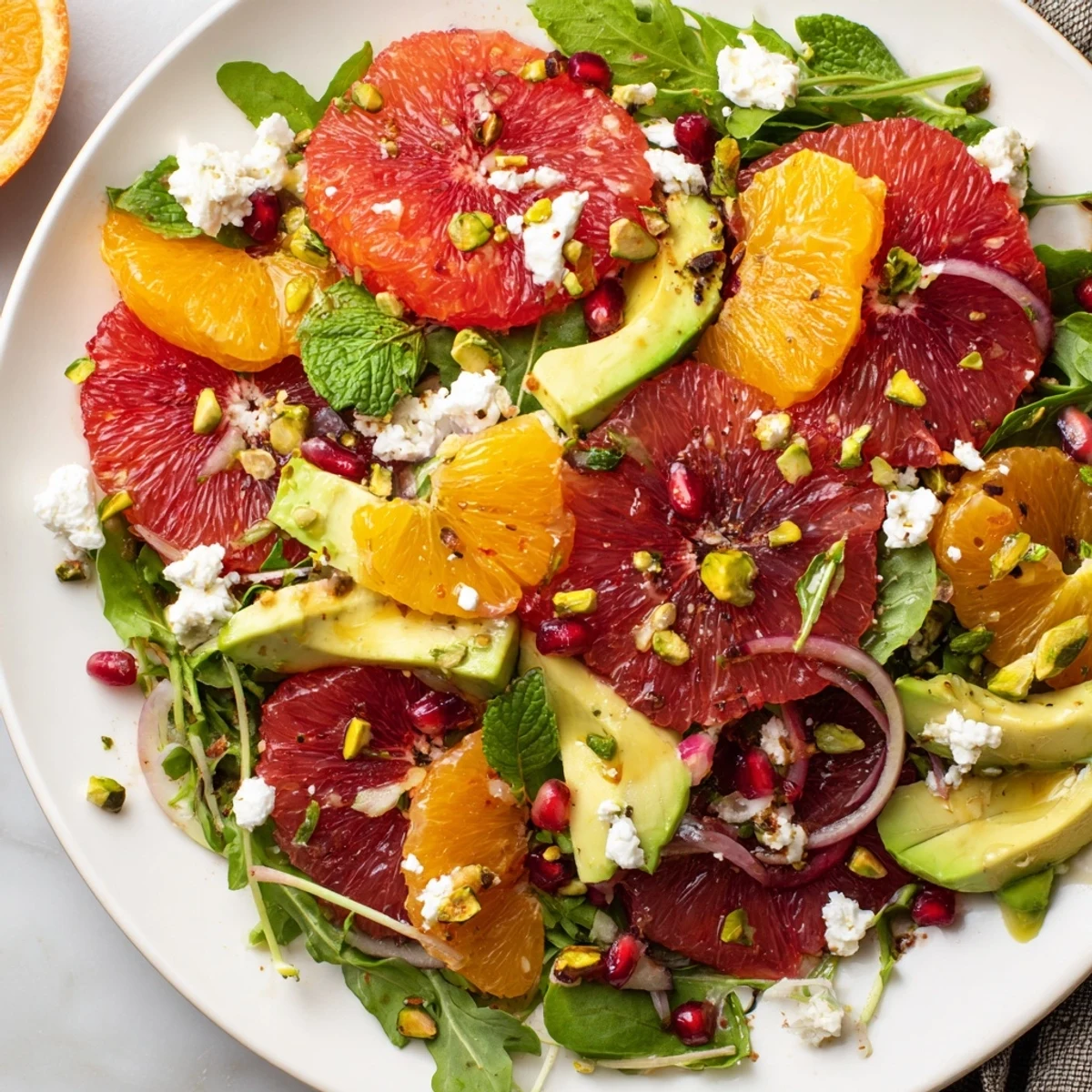 Bright citrus salad with pomegranate seeds, avocado, and feta on a rustic platter