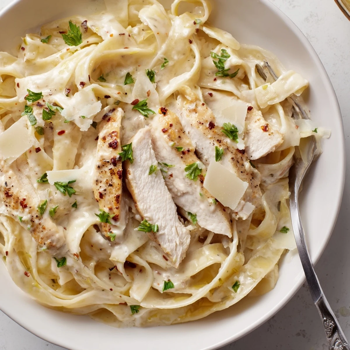 Creamy Garlic Parmesan Chicken Pasta topped with fresh parsley and extra Parmesan cheese