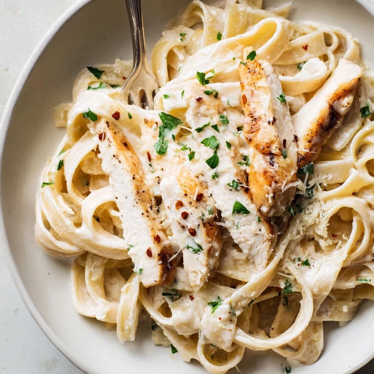 Tender chicken strips tossed in Creamy Garlic Parmesan Chicken Pasta with rich white sauce