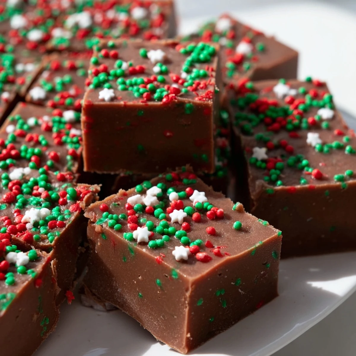 Creamy Christmas fudge with sprinkles cut into neat squares on a rustic cutting board